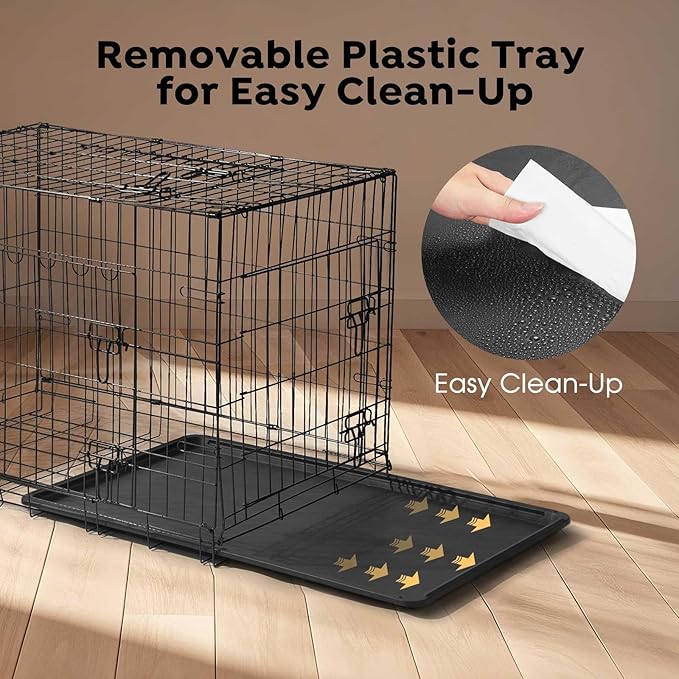 Veehoo 30 inch Dog Crates for Medium Dogs with Bumper-Three Doors Folding Metal Wire Dog Crate Cage Kennel, Indoor Outdoor Medium Dog Crate Kennels with Plastic Leak-Proof Tray-Portable Pet Kennel Kit
