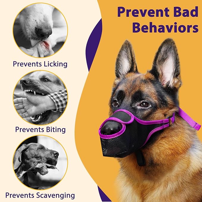 LUCKYPAW Dog Muzzle, Mesh Muzzle for Large Medium Small Dogs with Front Opening Design, Dog Mouth Cover to Prevent Biting, Licking, Chewing, Scavenging, Breathable Muzzle Allows Drinking(Purple,XXL)