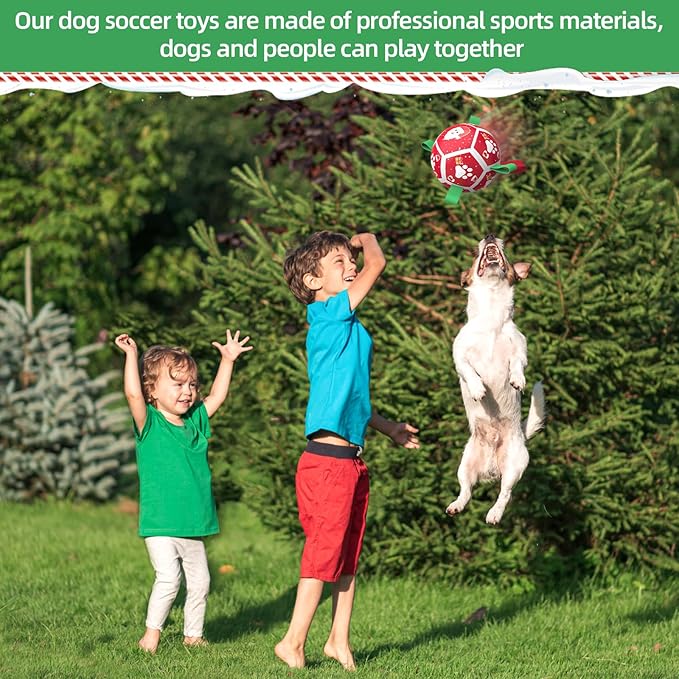 QDAN Christmas Dog Toys Soccer Ball with Straps, Outdoor Interactive Dog Toys for Tug of War, Puppy Birthday Gifts, Dog Tug Toy, Dog Water Toy, Durable Dog Balls for Small Dogs(5 Inch)