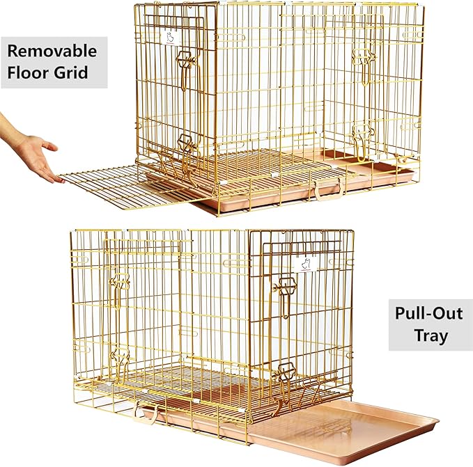 Homey Pet Dog Cage for Small Dogs, Gold Medium Dog Crate, Collapsible Dog Kennel Indoor, Nano-Coated Metal Wire Dog Crate with Removable Floor Grid Tray, Double Doors Dual Locks, GOLD24+GOLD30 Bundle