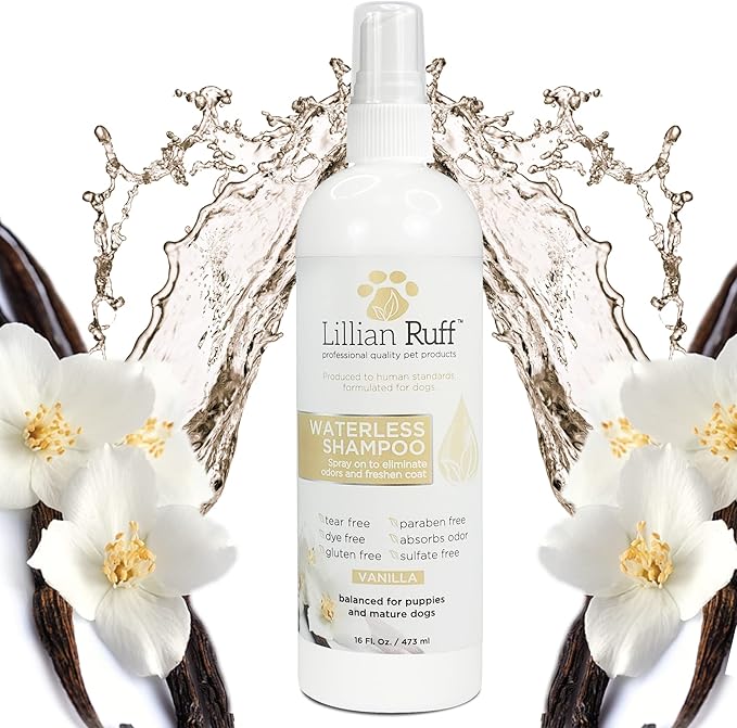 Lillian Ruff Waterless No-Rinse Dog Dry Shampoo Spray with Hydrating Essential Oils - pH-Balanced Dry Shampoo for Dogs - Clean, Condition, Detangle & Deodorize Dry, Sensitive Skin (Vanilla)