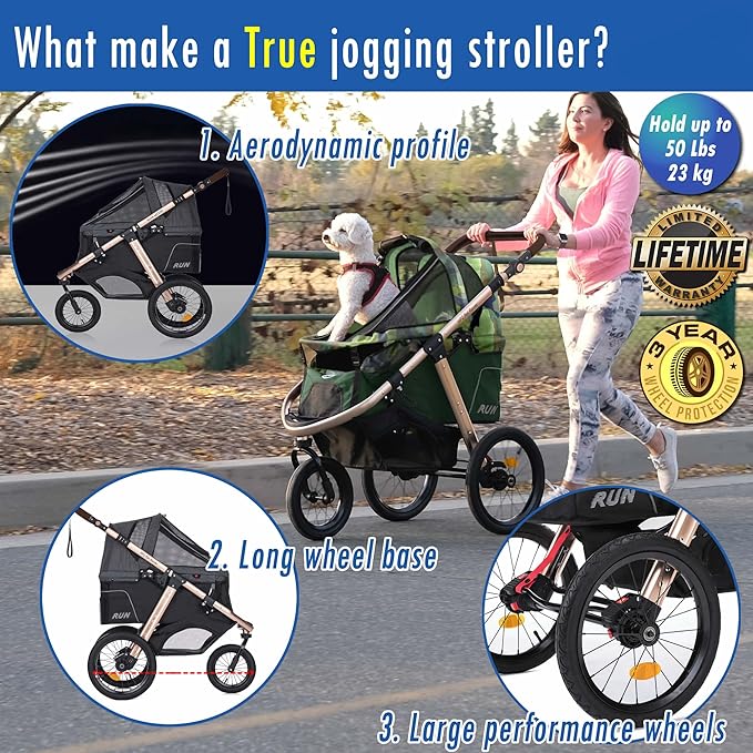 HPZ Pet Rover Run Performance Jogging Sports Stroller with Comfort Rubber Wheels/Zipper-Less Entry/1-Hand Quick Fold/Aluminum Frame for Small/Medium Dogs, Cats and Pets (Green Camo)