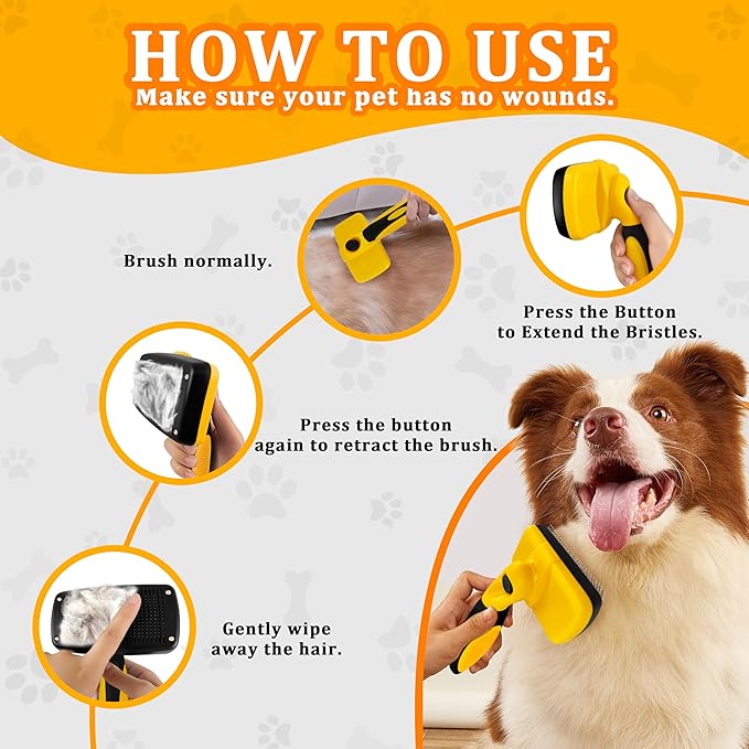 Qianruida Self Cleaning Slicker Brush for Grooming Long-haired or Short-haired Cats and Dogs Pet Brush for Shedding for Removing Undercoat and Tangled Hairs, Yellow