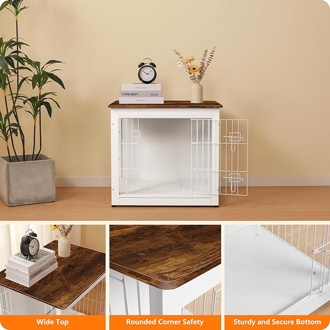 DWANTON Dog Crate Furniture with Cushion, Wooden Kennel Table with Double Doors, Indoor Dog House, Small/Medium/Large Size, 27.2" L, White+Rustic Brown