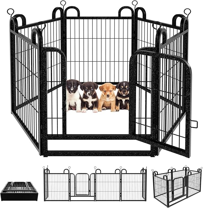 Puppy Playpen 6 Panels Small Dog Fence Outdoor Indoor Use 24" Height Anti-Rust with Doors Portable Dog Play Pen for RV Camping Yard, Total 11FT, 10 Sq.ft, Snowy Black