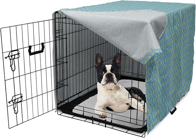 Lunarable Yellow and Blue Dog Crate Cover, Hand Drawn Abstract Ornament Rhombus Shapes Mosaic Vintage, Easy to Use Pet Kennel Cover for Small Dogs Puppies Kittens, 22 Inch, Blue Aqua Yellow