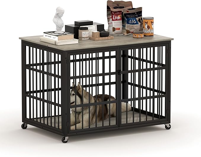 Furniture Style Dog Crate,Wrought Iron Frame with Side Openings,Wheels,Flip-Up Top,Durable and Stylish Pet Kennel for Home Use,Grey