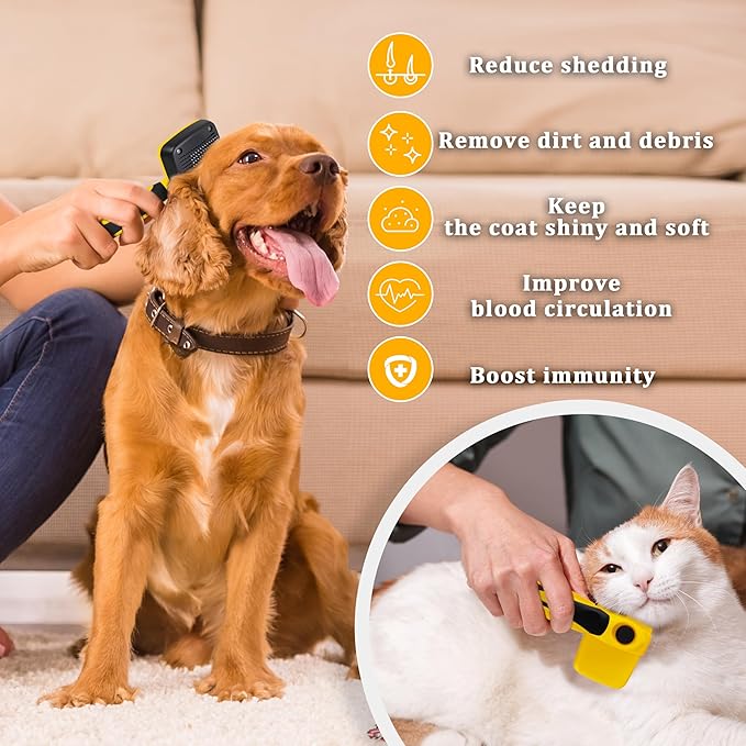 Qianruida Self Cleaning Slicker Brush for Grooming Long-haired or Short-haired Cats and Dogs Pet Brush for Shedding for Removing Undercoat and Tangled Hairs, Yellow