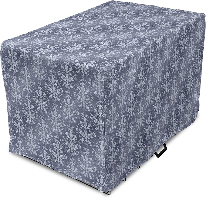 Lunarable Damask Dog Crate Cover, Medieval Repetitive Pattern with Flourish Ornaments, Easy to Use Pet Kennel Cover for Medium Large Dogs, 48 Inch, Purpleblue Ceil Blue