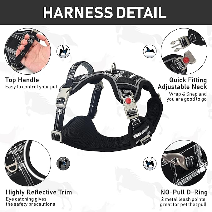 GAMUDA Dog Harness Collar and Leash Set, Horse Care Sheets, No Chock No Pull Adjustable Vest Harnesses Plaid Reflective for Medium Dog, Cat, Small Horse, Small Bull and Pig (Black, S)