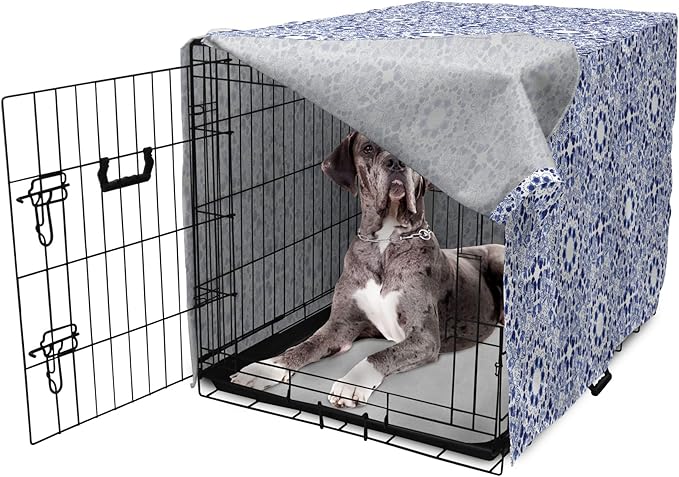 Lunarable Traditional Dog Crate Cover, Circular Flowers and Stripes Ethnic Gzhel Pattern Classic Motifs Art, Easy to Use Pet Kennel Cover for Medium Large Dogs, 48 Inch, Pale Blue