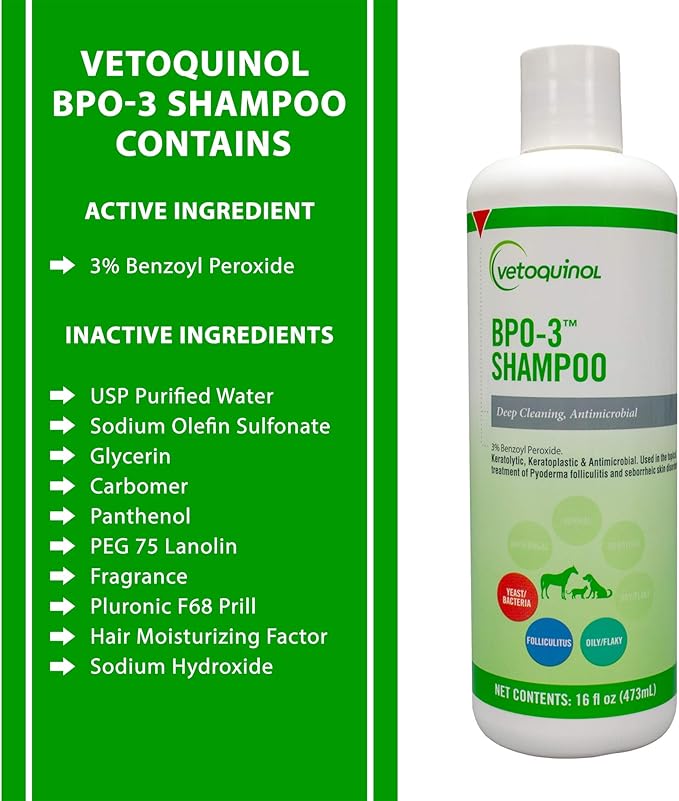 Vetoquinol BPO-3 Shampoo for Dogs, Cats & Horses (3% Benzoyl Peroxide) – 16oz – Deep Cleaning, Medicated Shampoo Opens & Flushes Hair Follicles – Degreases Oily Coats – Soothes Red, Flaky, Itchy Skin