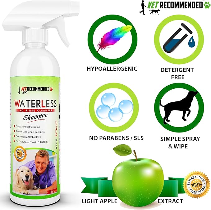 Waterless Dog Shampoo No Rinse Dry Shampoo for Dogs (16oz), Detergent and Alcohol Free, Apple Extract - Perfect for Spot Cleaning The Dog Coat - Made in USA