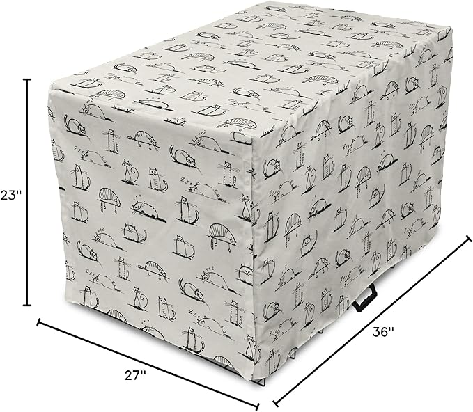 Lunarable Pet Dog Crate Cover, Funny Cat Characters Sketch Art Style Friendly Playful Kitties Lazy Fluffy Animals, Easy to Use Pet Kennel Cover for Medium Large Dogs, 36 Inch, Beige Black