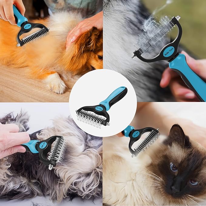 Pet Grooming Brush, Dematting Undercoat Rake Comb, Double Sided Shedding, to Remove Mats, Knots and Tangles Gently (Blue)
