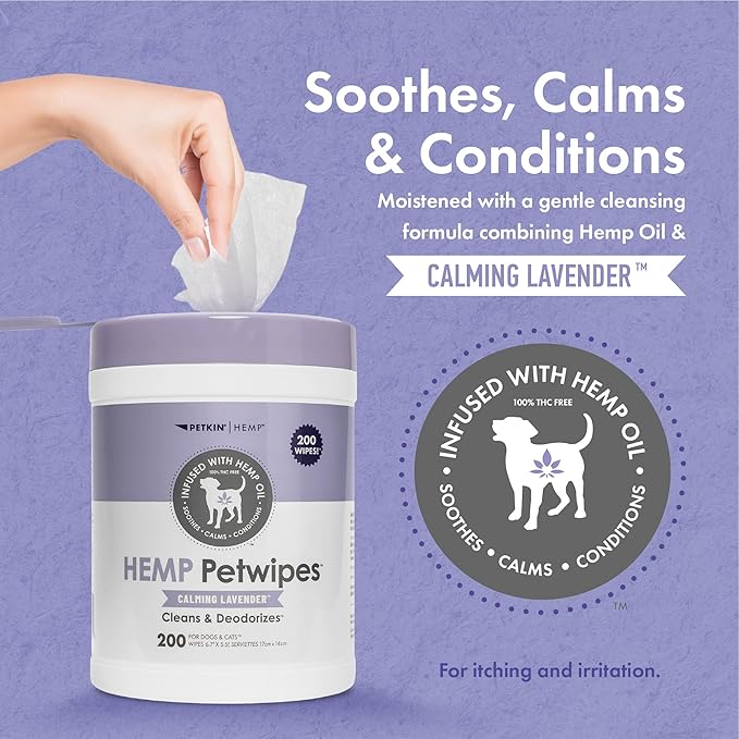 Petkin Hemp Pet Wipes for Dogs and Cats - with Hemp Oil & Calming Lavender Scent, 200 Count - Soothes, Calms & Conditions - Wipes for Pet's Face, Eyes and Body - for Home or Travel