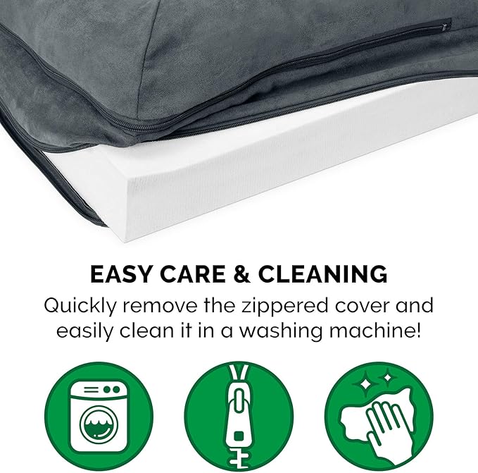 Furhaven Orthopedic Dog Bed for Large Dogs w/ Removable Bolsters & Washable Cover, For Dogs Up to 125 lbs - Two-Tone Plush Faux Fur & Suede L Shaped Chaise - Stone Gray, Jumbo Plus/XXL