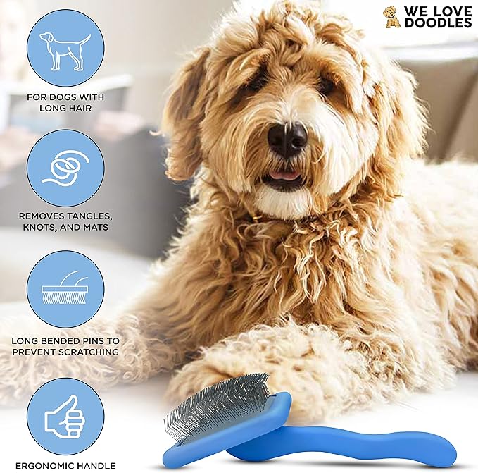 Slicker Brush for Dogs, Grooming Supplies - Best Doodle & Poodle Comb for Long Haired Dogs - Goldendoodle Long Pin Dentangler For Dematting (Large) (Large Slicker & Cleaner)