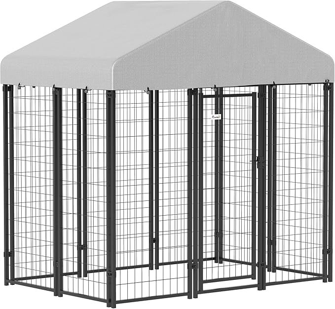 PawHut Outdoor Dog Kennel, 5.9' x 4' x 6' Heavy Duty Welded Wire Dog Playpen Enclosure with Roof, Escape-Proof Lock, UV-Resistant & Waterproof Cover, for Medium Dogs, Silver