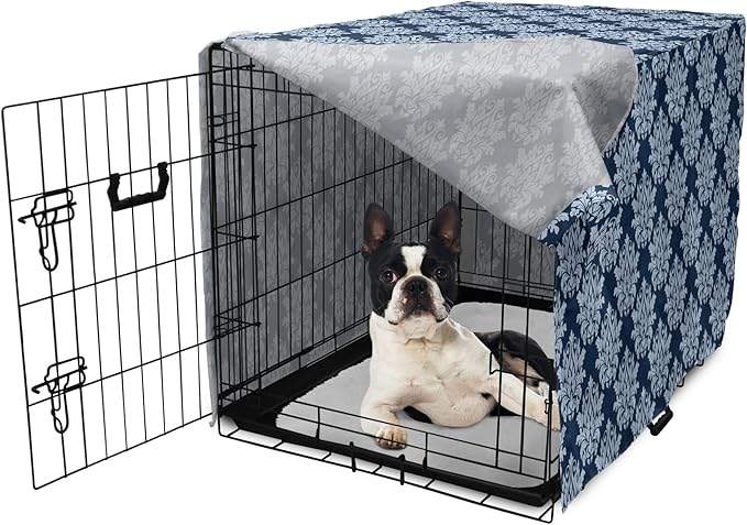 Lunarable Damask Dog Crate Cover, Abstract Antique Royal Motif with Leaves and Swirls, Easy to Use Pet Kennel Cover for Small Dogs Puppies Kittens, 22 Inch, Ceil Blue Violet
