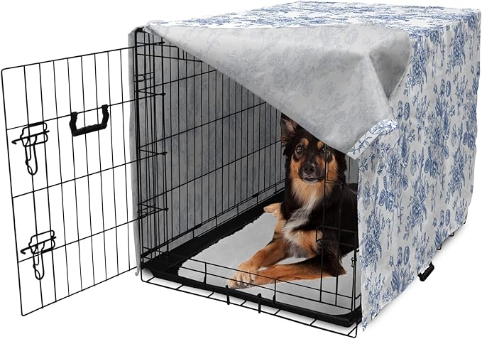 Lunarable Flowers Dog Crate Cover, Floral Themed Monochromatic Roses Peonies Bells Peas Bouquet Composition, Easy to Use Pet Kennel Cover for Medium Large Dogs, 36 Inch, White Blue