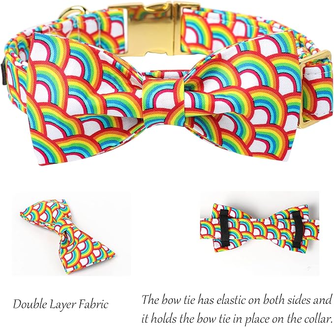 Lionet Paws Rainbow Dog Collar with Bowtie, Soft and Comfortable Adjustable LGBT Pride Bowtie Collar for Dogs Male Female Gift, Small, Neck 10-16 inches