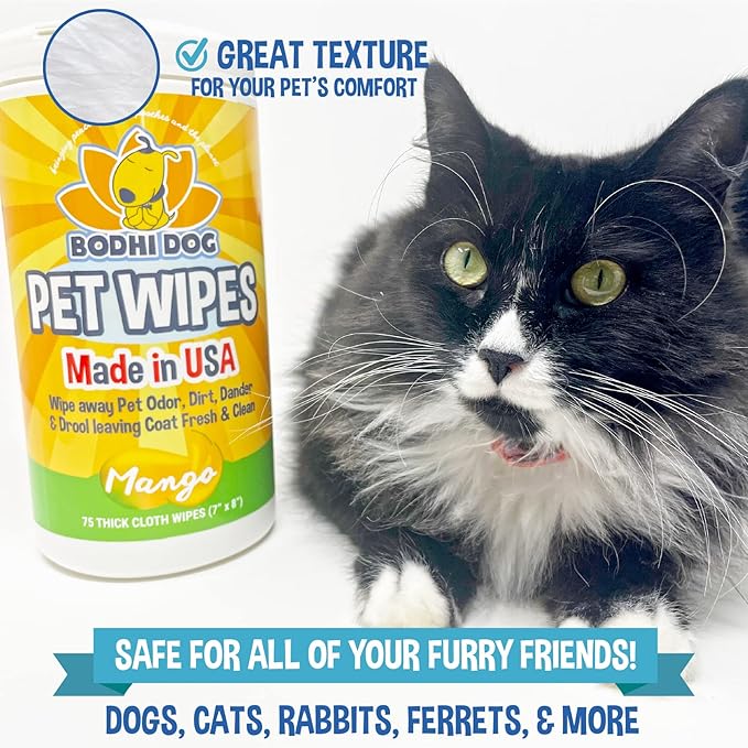 Bodhi Dog Pet Wipes - Grooming, Cleaning and Deodorizing Wipes for Dogs & Cats - No Parabens or SLS - Large, Thick, Wet Wipes - Wipe Away Pet Odors & Refreshes Coat - Mango Scent (75 Count)