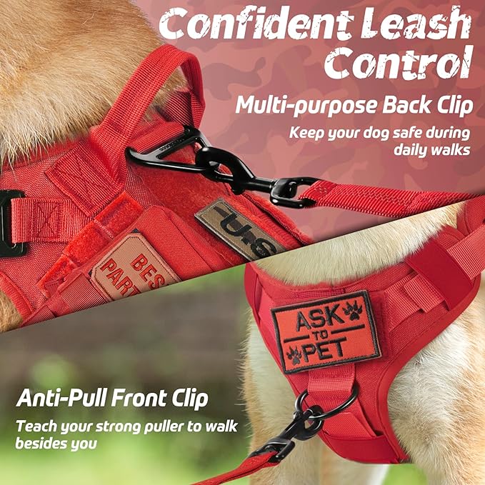 rabbitgoo Tactical Dog Harness for Large Dogs, Heavy Duty Dog Harness with Handle, No-Pull Service Dog Vest Large Breed, Adjustable Military Dog Vest Harness for Training Hunting Walking, Red, M