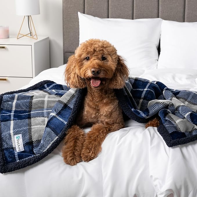 PetAmi WATERPROOF Dog Blanket for Medium Large Dog, Pet Puppy Blanket Couch Cover Protection, Sherpa Fleece Cat Blanket, Sofa Bed Furniture Protector Reversible Soft Plush Washable, 60x40 Plaid Navy