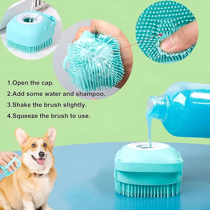 JASLAH 3 Sets with Comb, Pet Grooming Bath Brush Soft Silicone Bristle for Long Short Haired Dogs and Cats Shower, Bath Brush Soothing Massage Rubber Comb with Adjustable Ring Handle, Blue