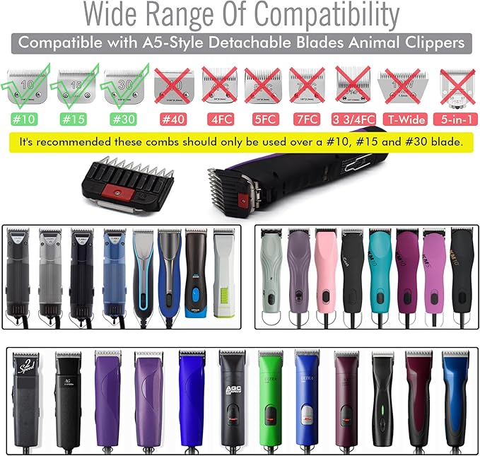 Professional A5 Style Animal Clipper Stainless Steel Color-Coded Snap-on Attachment Guard Guide Comb, 1/8"-1" Compatible with Wahl KM Series Oster A5 Andis Detachable Blade Pet Groomers (#1 - 1/8")