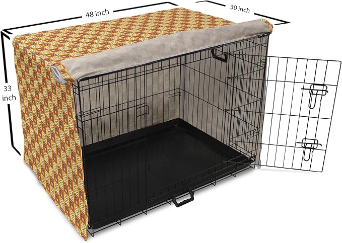 Lunarable Thanksgiving Dog Crate Cover, Checkered Pattern with Funny Cartoon Gobbler and Fallen Autumn Leaves, Easy to Use Pet Kennel Cover for Medium Large Dogs, 48 Inch, Red Yellow Brown