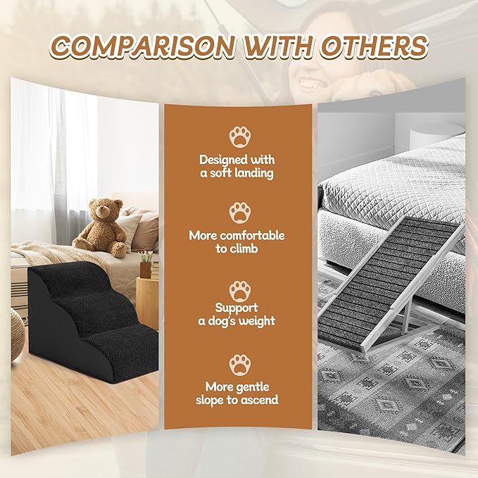 Romrol Dog Stairs Ramp for Beds Couches, Extra Wide Pet Steps with Durable Non-Slip Waterproof Fabric Cover, Pets Slope Stairs, 3-Tiers,Black