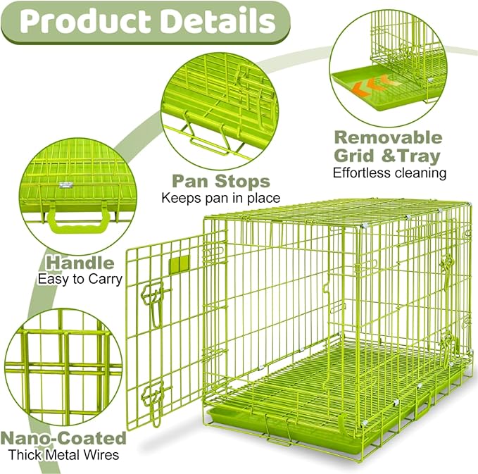 HOMEY PET 30 Inch Dog Kennel Indoor, Green Dog Cage for Small Dogs Foldable Dog Crates for Medium Dogs Nano-Coated Metal Wire Dog Crate with Removable Floor Grid Tray, Double Doors, Handle for Travel