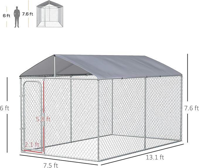 PawHut Large Dog Kennel Outside, Heavy Duty Dog Cage with Waterproof Cover, Outdoor Fence Dog Run with Galvanized Chain Link, Secure Lock, 13' x 7.5' x 7.5'