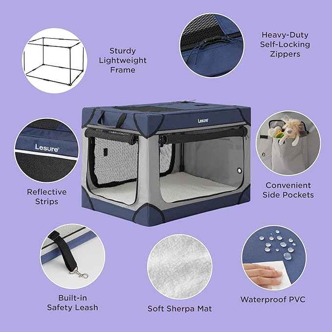 Lesure Soft Collapsible Dog Crate - 42 Inch Portable Travel Crate for Extra Large Dogs Indoor & Outdoor, 4-Door Foldable Pet Kennel with Durable Mesh Windows, Blue