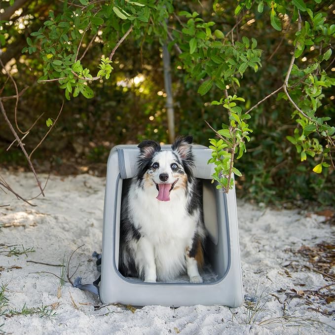 Diggs Enventur Small Soft Dog Crate - Portable Indoor & Outdoor Dog Kennel - Inflatable Ultra-Durable Travel Crate for Safe Car Travel & Adventures - 27" L x 18" W x 20" H (Grey)
