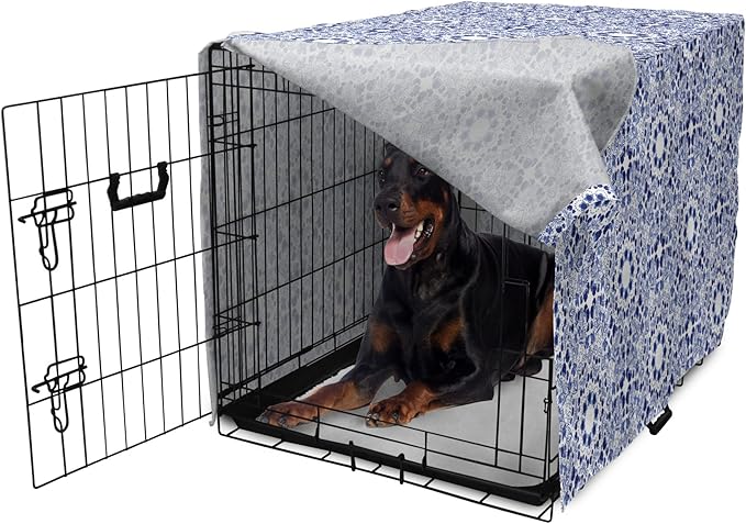 Lunarable Traditional Dog Crate Cover, Circular Flowers and Stripes Ethnic Gzhel Pattern Classic Motifs Art, Easy to Use Pet Kennel Cover for Medium Large Dogs, 42 Inch, Pale Blue