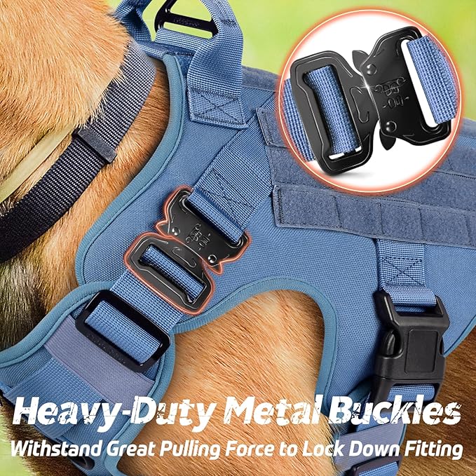 rabbitgoo Tactical Dog Harness for Large Dogs, Heavy Duty Dog Harness with Handle, No-Pull Service Dog Vest Large Breed, Adjustable Military Dog Vest Harness for Training Hunting Walking, Blue, L