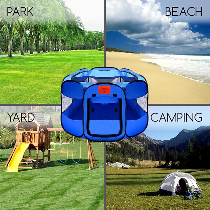 Pop Up Pet Exercise Play Pen Tent Portable Kennel with Weather Resistant Oxford Material, 8 Windows and Removable Zipper Top for Puppies Dogs Kittens Cats Rabbits + More! Includes Bag
