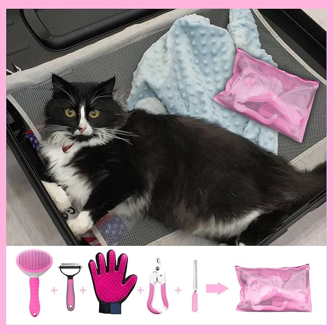 Pet Grooming Kit: Slicker Brush, Dematting Rake, Nail Clipper, Shedding Gloves, and Bag for Dogs and Cats