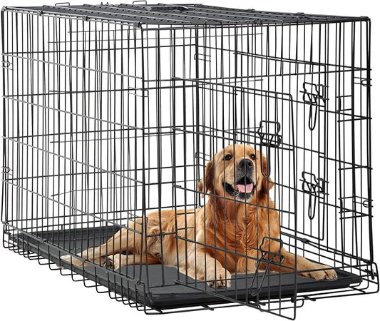 FDW 48 Inch Dog Crate Dog Kennel Cage with Double Door Folding Metal Wire Dog Cage with Removable Tray&Divider Panel for Large Dogs,Black