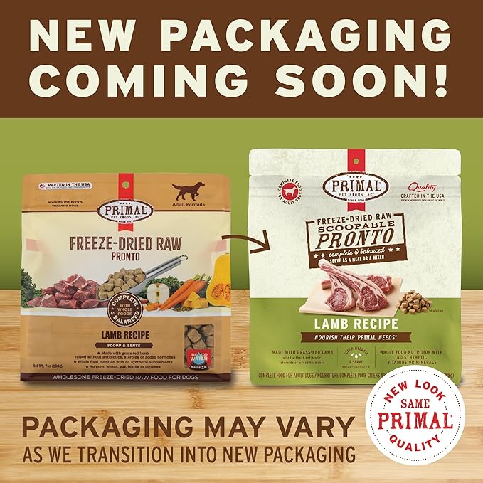 Primal Freeze Dried Dog Food Pronto, Lamb; Scoop & Serve, Complete & Balanced Meal; Also Use as Topper or Treat; Premium, Healthy, Grain Free, High Protein Raw Dog Food (25 oz, 2-Pack)