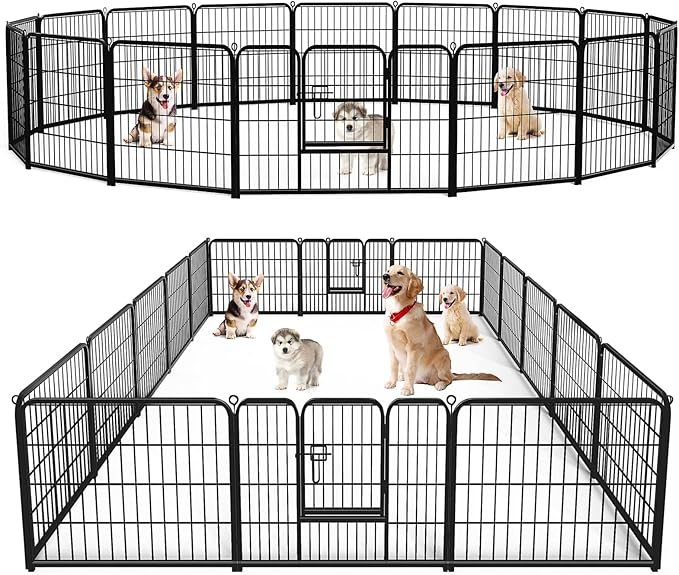 Sweetcrispy Dog Playpen Indoor - Pet Fence Exercise Pen for Yard Gate 16 Panels Foldable Puppy Playpens with Doors Metal Dog Pen for Camping, RV, Outdoor, Small/Medium Pets, 24” Height
