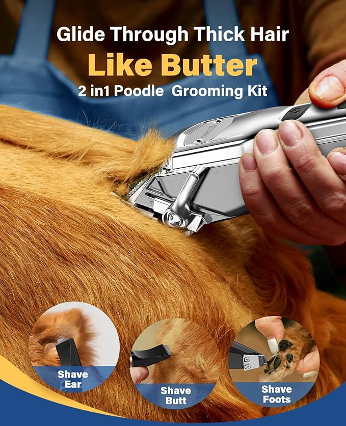 oneisall Dog Grooming Kit for Heavy Thick Hair&Coats/Low Noise Rechargeable Cordless Waterproof Dog Clippers for Grooming Animals&Pets/Pet Shaver with Stainless Steel Blade and Paw Trimmer
