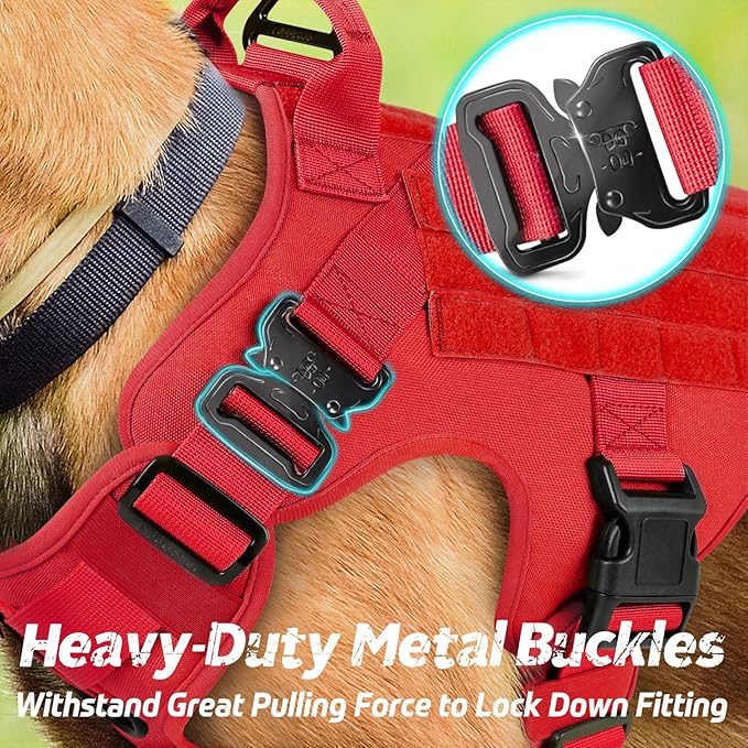 rabbitgoo Tactical Dog Harness for Large Dogs, Heavy Duty Dog Harness with Handle, No-Pull Service Dog Vest Large Breed, Adjustable Military Dog Vest Harness for Training Hunting Walking, Red, M