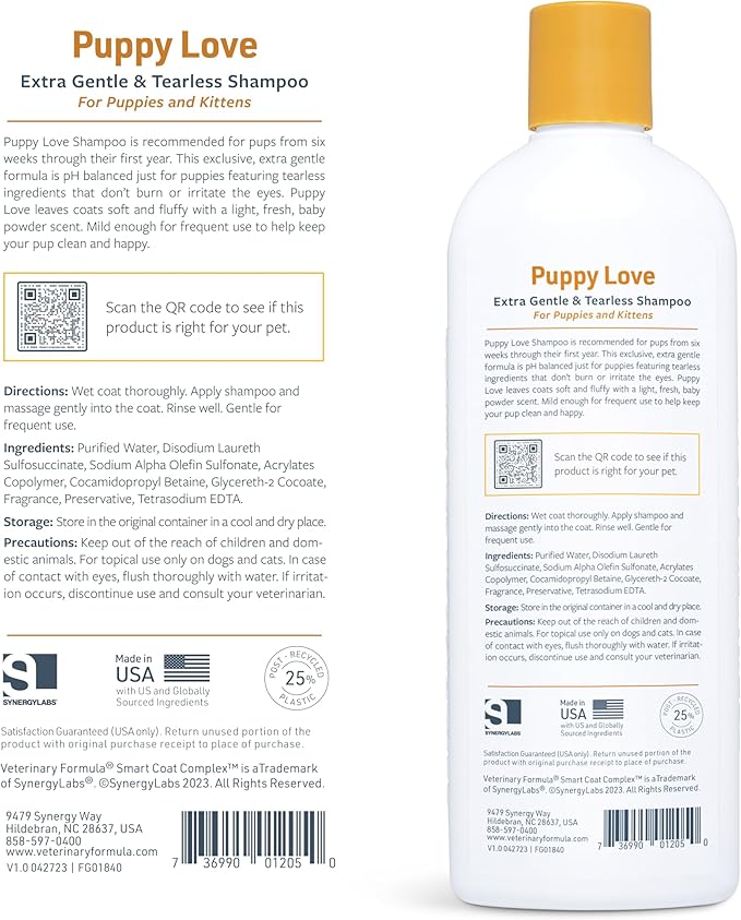 Veterinary Formula Smart Coat Complex Puppy Love Extra Gentle Tearless Shampoo, 17 Fl oz – for Pups Over 6 Weeks – with Fresh Scent, Long-Lasting Clean – Won't Dry Out Delicate Skin