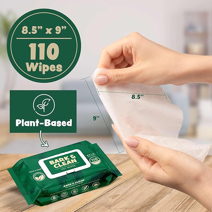 Bamboo Dog Wipes for Cleaning & Deodorizing - 8.5" x 9" 110 Compostable Hypoallergenic Pet Wipes for Dogs - Paws, Butt & Body - Puppy Face, Ear & Eye Cloths - Pet Supplies