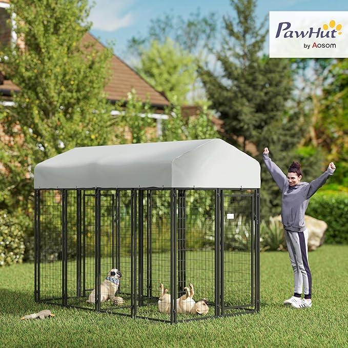 PawHut Outdoor Dog Kennel with 2 Rooms, 8' x 4' x 6' Heavy Duty Welded Wire Dog Playpen Enclosure with Escape-Proof Lock, UV-Resistant & Waterproof Cover, for Large Dogs, Silver