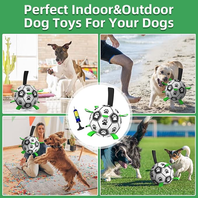 QDAN Dog Soccer Balls Toy with Bell Inside, Outdoor Interactive Dog Toys for Tug of War, Puppy Birthday Gifts, Dog Water Toy, Durable Ropes Squeaky Soccer Dog Ball for Medium and Large Dogs (8 INCH)